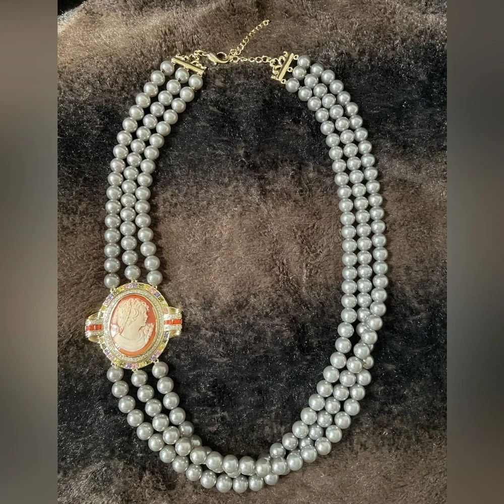 Amedeo Cameo Triple Strand Faux Pearl Necklace